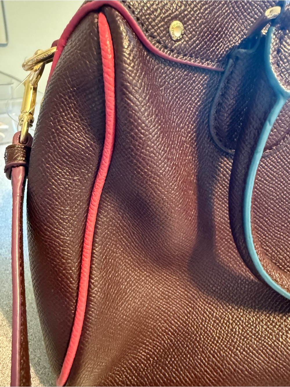 Coach Leather Satchel in Deep Merlot with Pink Piping - Picture 3 of 12